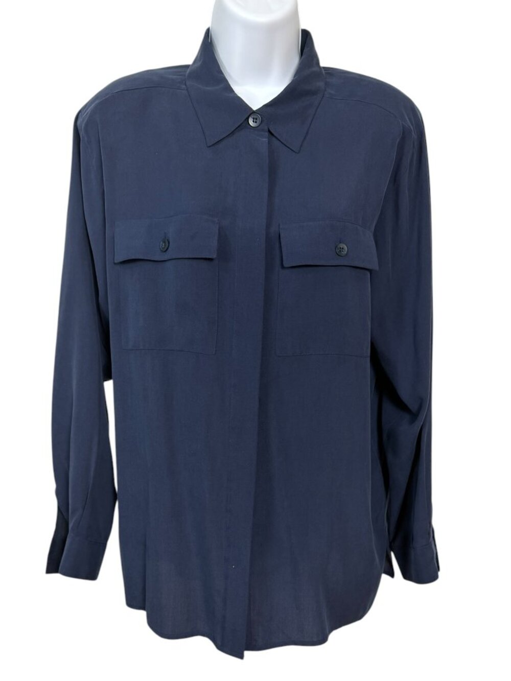 Christie & Jill Petite Large 100% Silk Navy Button Front Blouse